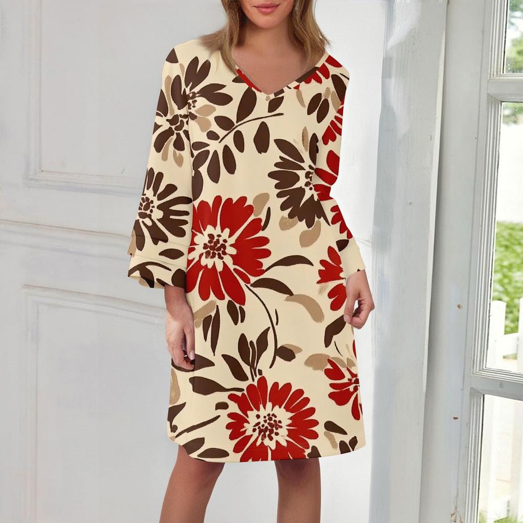 Women's Fashion V-neck Color Large Size Loose Long Large Swing 3/4 Sleeved Dress