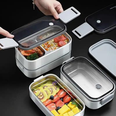 304 Stainless Steel Lunch Box for Adults Kids School Office 2 Layers Microwavable Portable Grids Bento Food Storage Containers