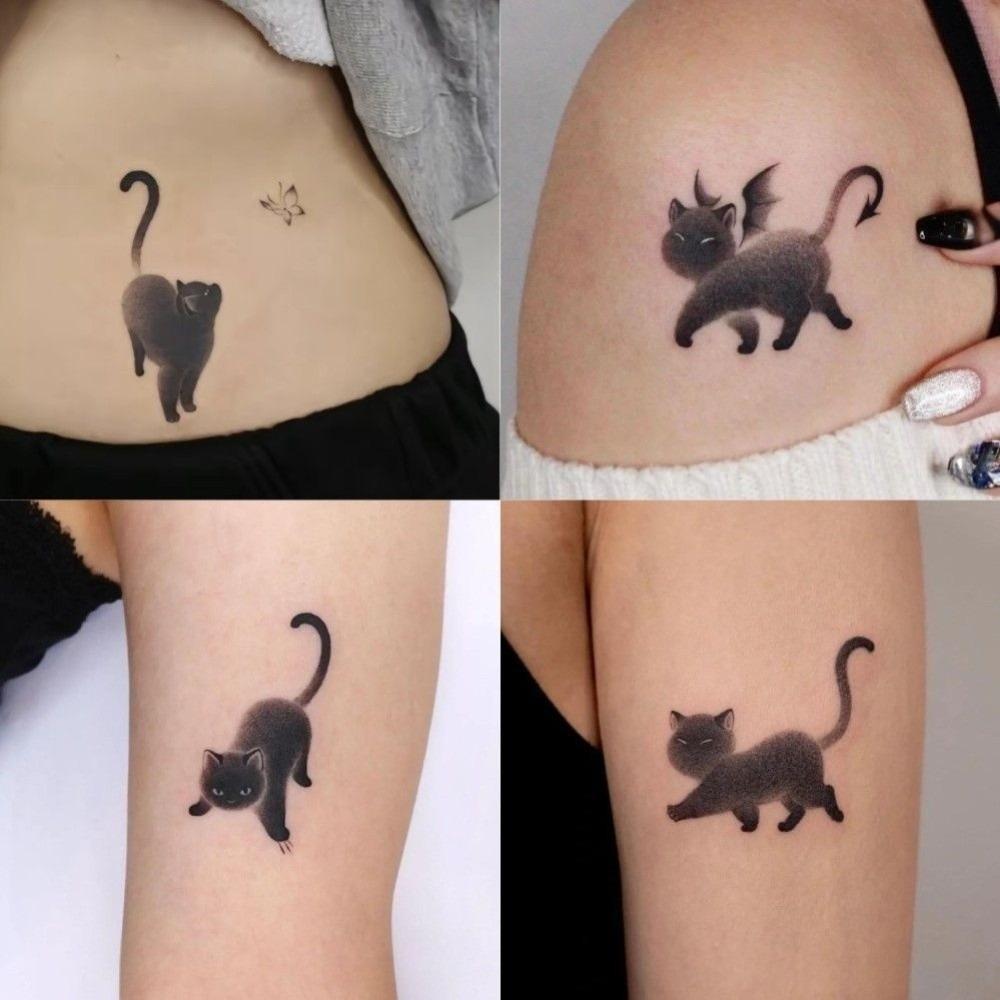 Estilo Pintura Lavado Gato Negro Pegatinas de Tatuaje Calcomanías de Transferencia al Agua Gato Impermeable Tatuaje Temporal Instantáneo Desechable