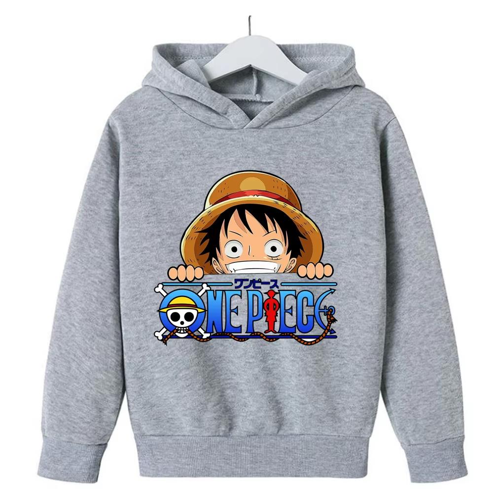 Anime One Piece Luffy Skull Logo Print Hoodie Kids Pullover Hooded Sweatshirt Autumn Streetwear Children Tops