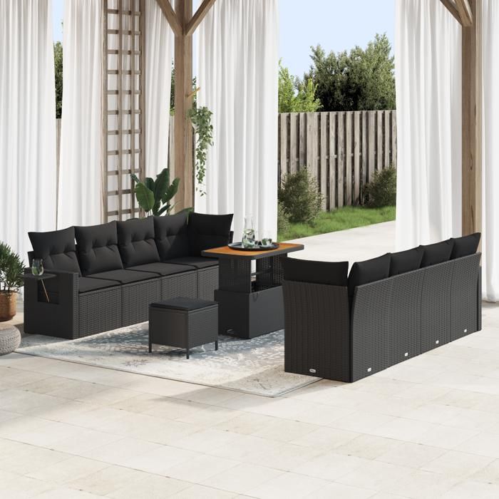 VidaXL Ensemble de Canapés de Jardin 11 Pièces avec Coussins en Poly Rattan Noir 3363669