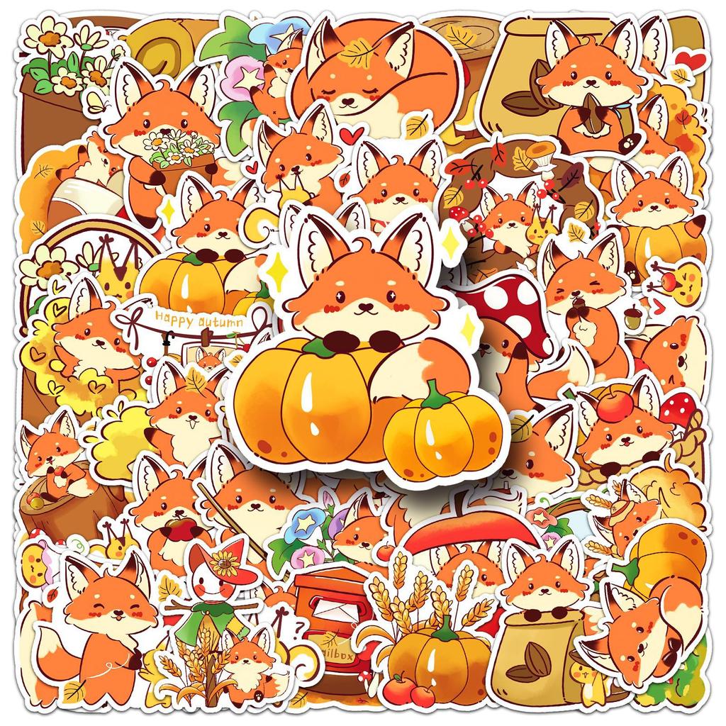50 Little Fox Autumn Cartoon Stickers Cute Hand-painted Animal Decorative Mobile Phone Case Guka Stickers