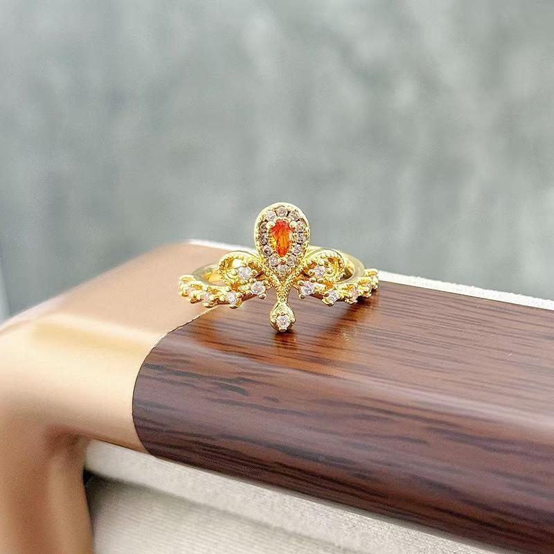 Anel Aberto de Contas de Coroa de Luxo Leve Vintage Medieval Zircônia Requintada Estilo Corte Retrô Francês Anel de Dedo Indicador