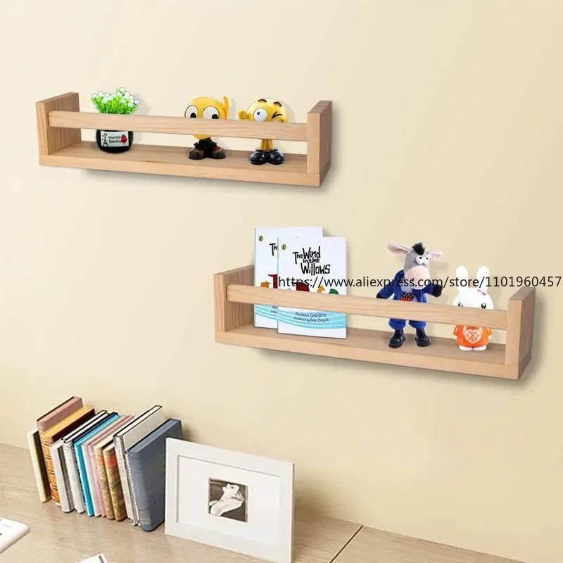 2Pcs Bookshelf Natural Wood Floating Wall Bookshelf for Kids Nursery Shelves for Wall Bathroom Decor Kitchen Spice Rack