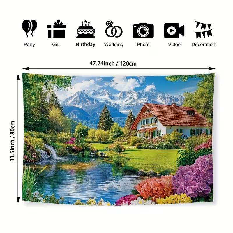 2D Swiss Chalet Scenery Tapestry for Cottagecore Aesthetic Home Decoration