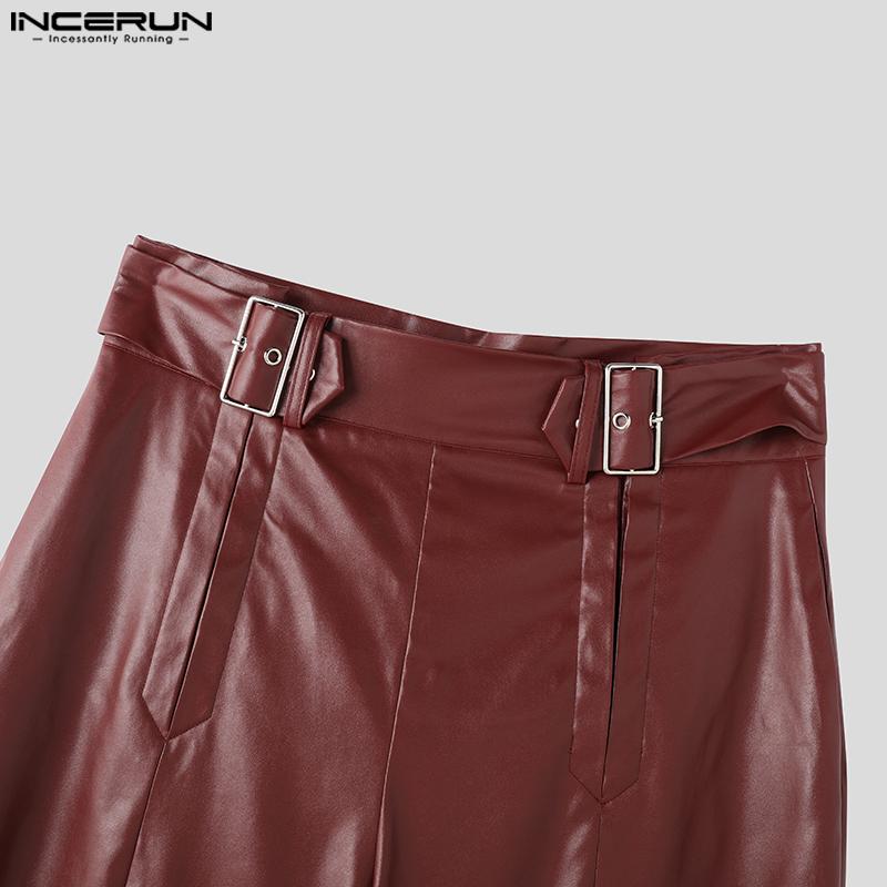 INCERUN Men Zipper High Waist PU Leather Pants Casual Long Trousers with Pockets