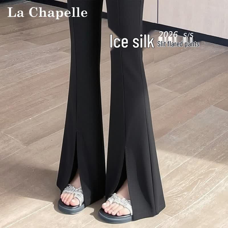 La Chapelle Women s High-Waist Front Slit Ice Silk Flared Pants L