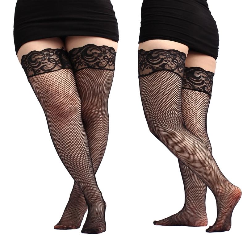 Women Sexy Lace Top Anti-Slip Plus Size Thigh High Fishnet Stockings Hold Ups Black Over Knee Length In Various Net Size