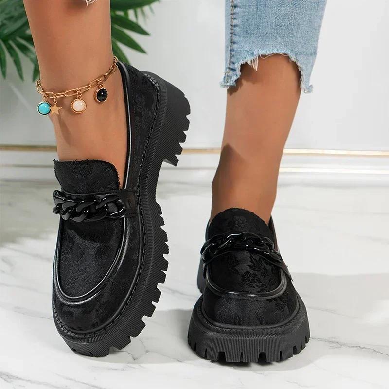 Women's Fashion Chain Decoration Loafers Slip On Soft Sole Office Work Shoes Woman Black Embroidered Platform Oxfords for Women