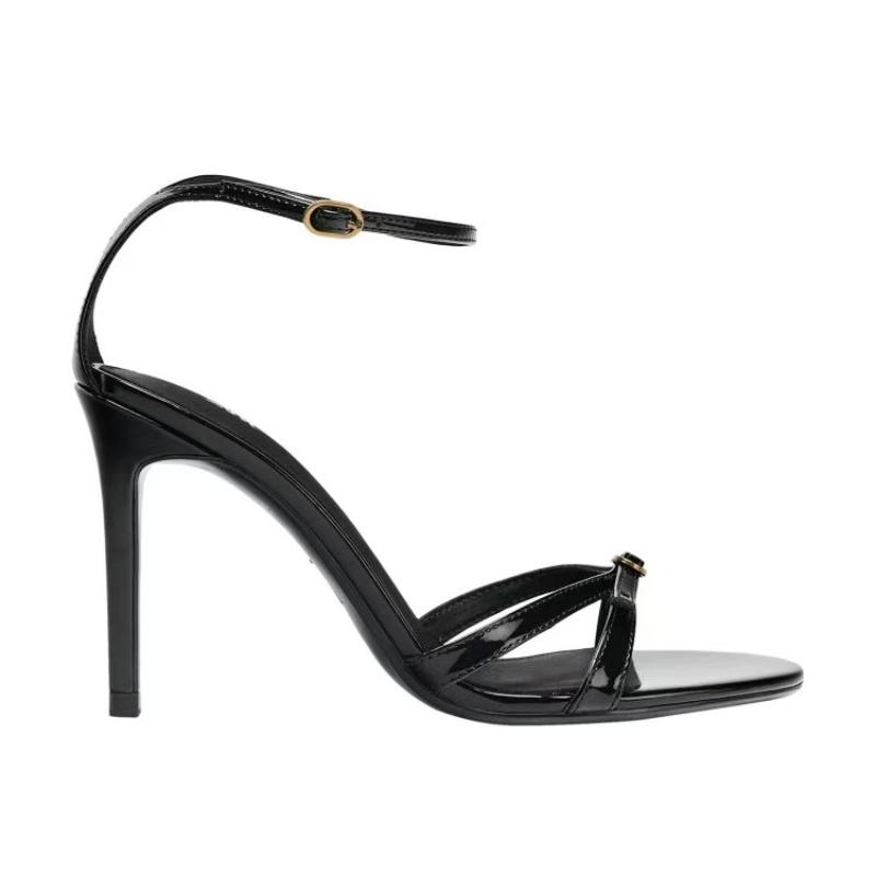 Fashion Fashion Black Narrow Band Buckle Design Brand Sandals Women High Quality Patent Leather Heeled Sandals Elegant Party Dress Shoes