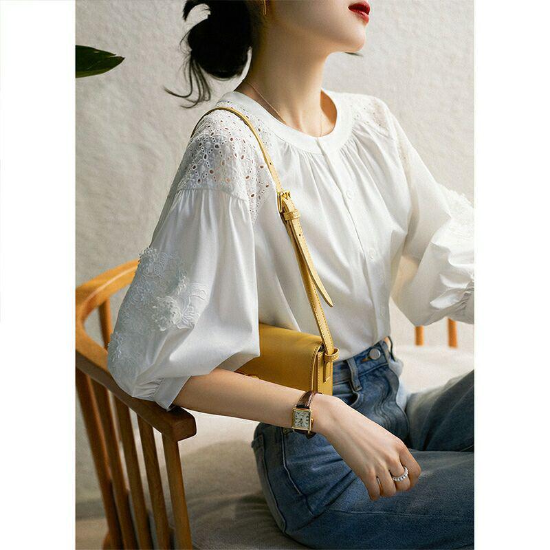 

Летняя женская блузка с вышивкой и рукавами-фонариками - Ажурная, Универсальная, Топ с рукавами семь восьмых 2XL (125-140 jin) белый