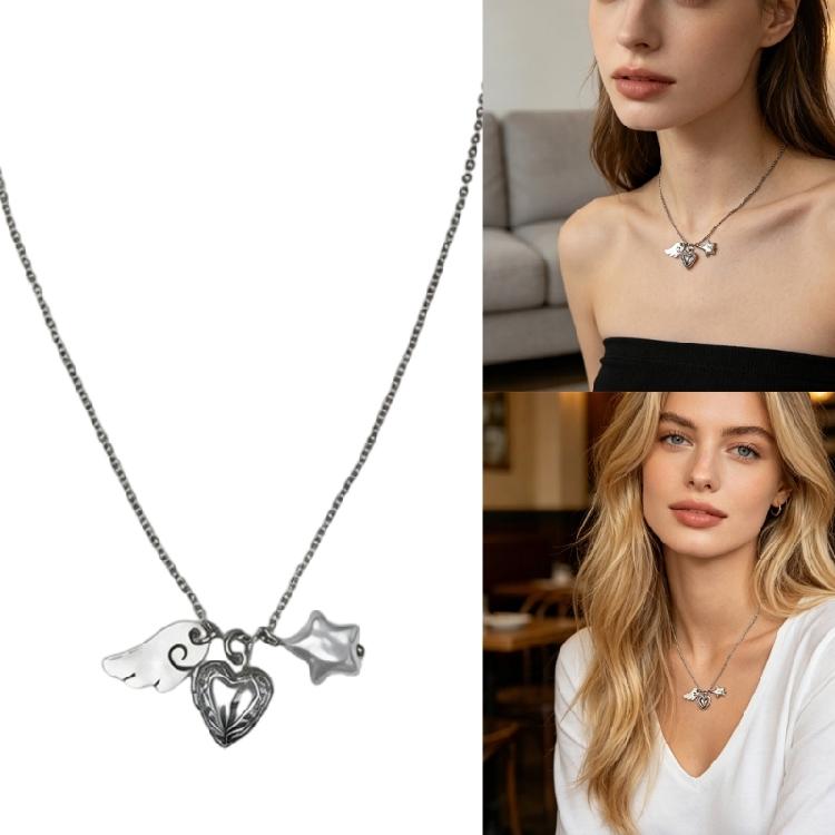 Statement Charm Necklace, Heart Star Angel Wing Pendant Design On 50cm Alloy Collarbone Chain for Everyday Styling and Gift Giving