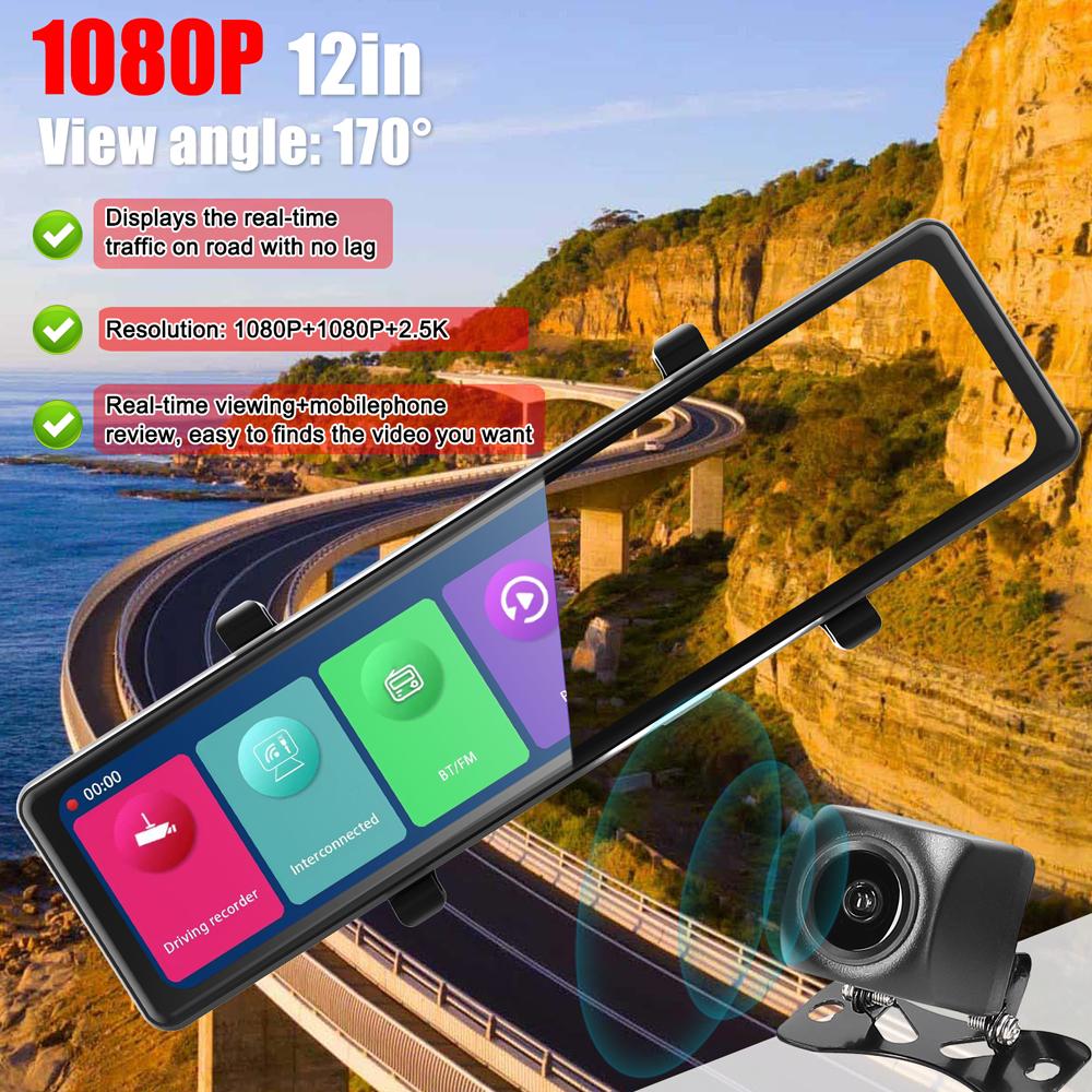 

3 Cameras Cam 12in 2.5K Clr Car Rrview Mirror Car Video Recording Camcorder Touched Screen Car Camera Recorder Auto Driving Recorder