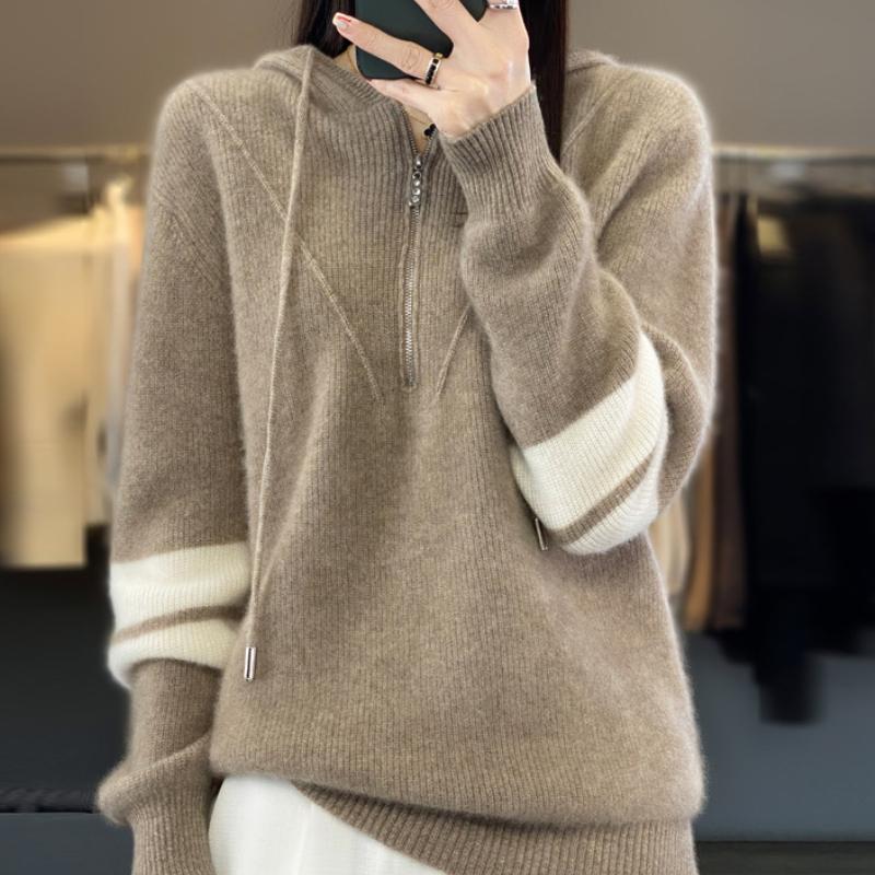 

Утепленное шерстяное вязаное худи с цветными блоками для женщин в осенне-зимнем стиле, модное и универсальное, вязаный топ-худи из кашемира на половину молнии XXL