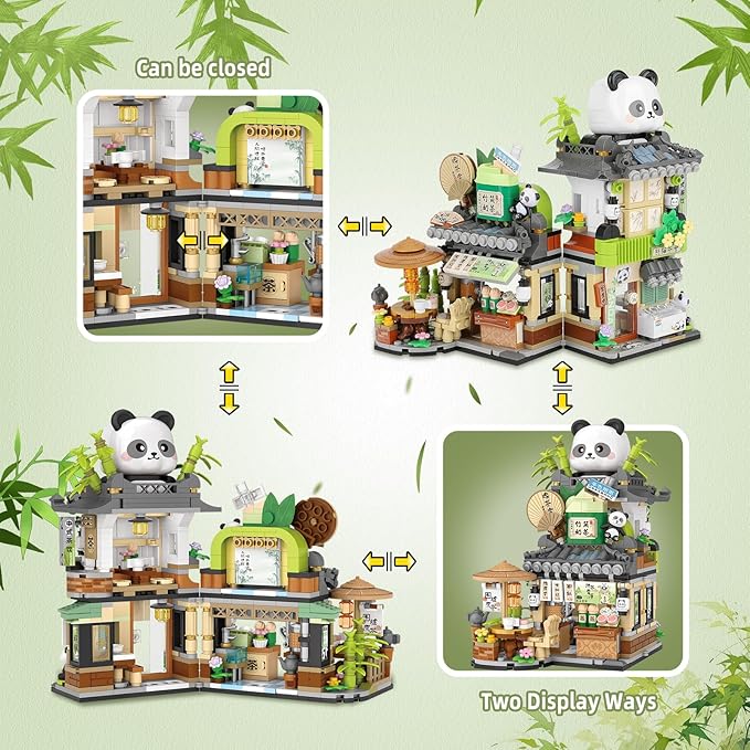 Cute Panda Street View Coffee Shop Mini Building Blocks Creative Building Toys Construction Set Educational Building Toys