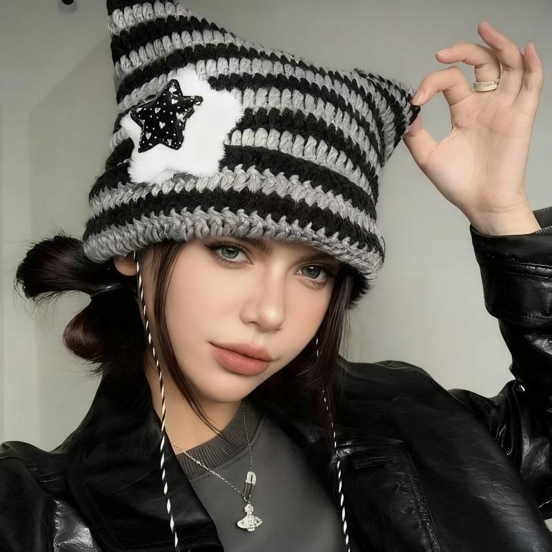 1pc Cute Cat Ears Beanie Hat For Women Winter Striped Korean Punk Gothic Y2K Wool Knitted Streetwear Handmade Crochet Bucket Cap