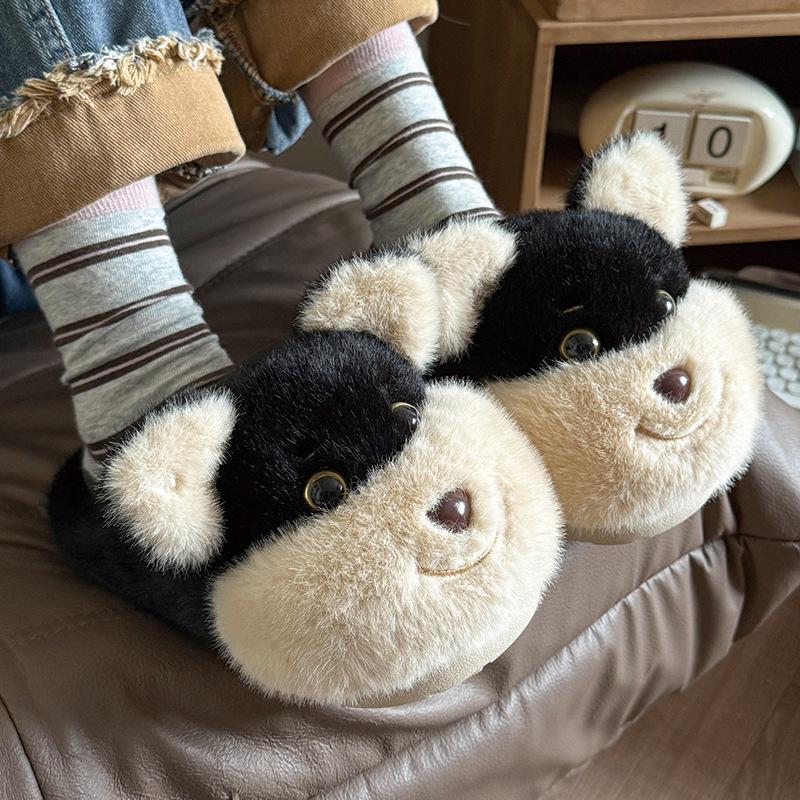 Fashion Women Indoor Cotton Slippers Funny Dog Girls Autumn Winter Warm Shoes Soft Plush Anti-slip Female House Floor Fluffy Slipper