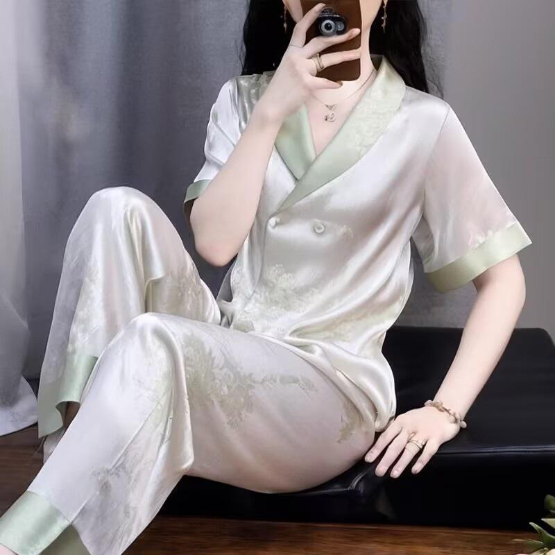 Pajamas women's summer cool ice and snow silk short-sleeved trousers cardigan simple two-piece set simple casual loungewear