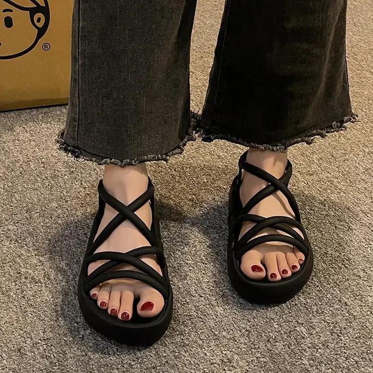 

Модные универсальные женские сандалии, удобные римские туфли, пляжная обувь без застежек, толстая подошва, женская обувь, новинка лета, Zapatos Para Mujeres 35 чёрный