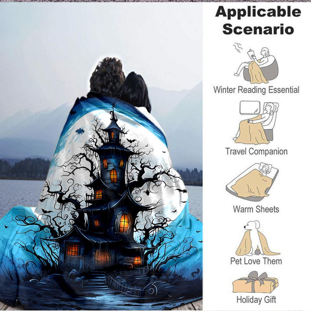 1pc Halloween Haunted House Moonlit Night Blanket, Lightweight Flannel Throw Blanket For Sofa, Bed, Travel151