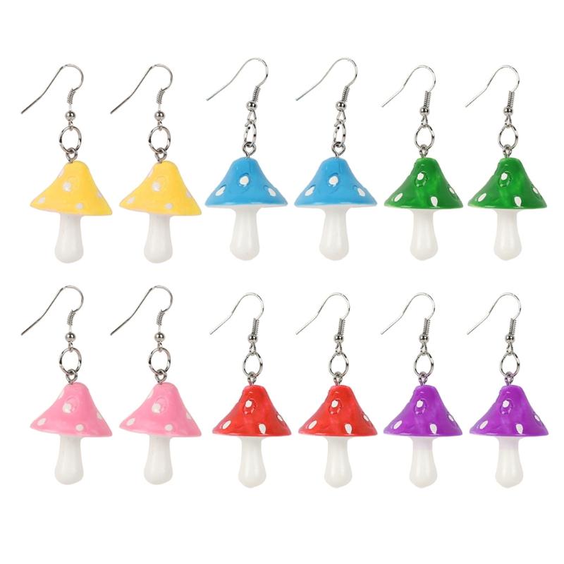 Fashion Resin Mushroom Earrings 5/6 Pairs Personality Simulation Mushroom Drop Earrings Funny Jewelry Gift for Friends 1