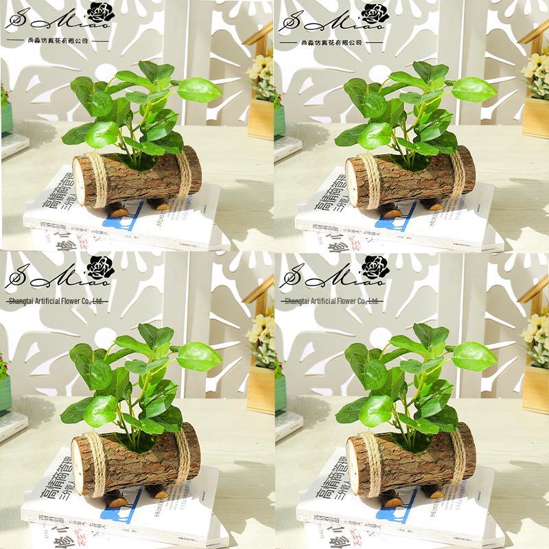 Creative Wooden Basin with Artificial Green Plant Bonsai Ornament for Display and Decoration.