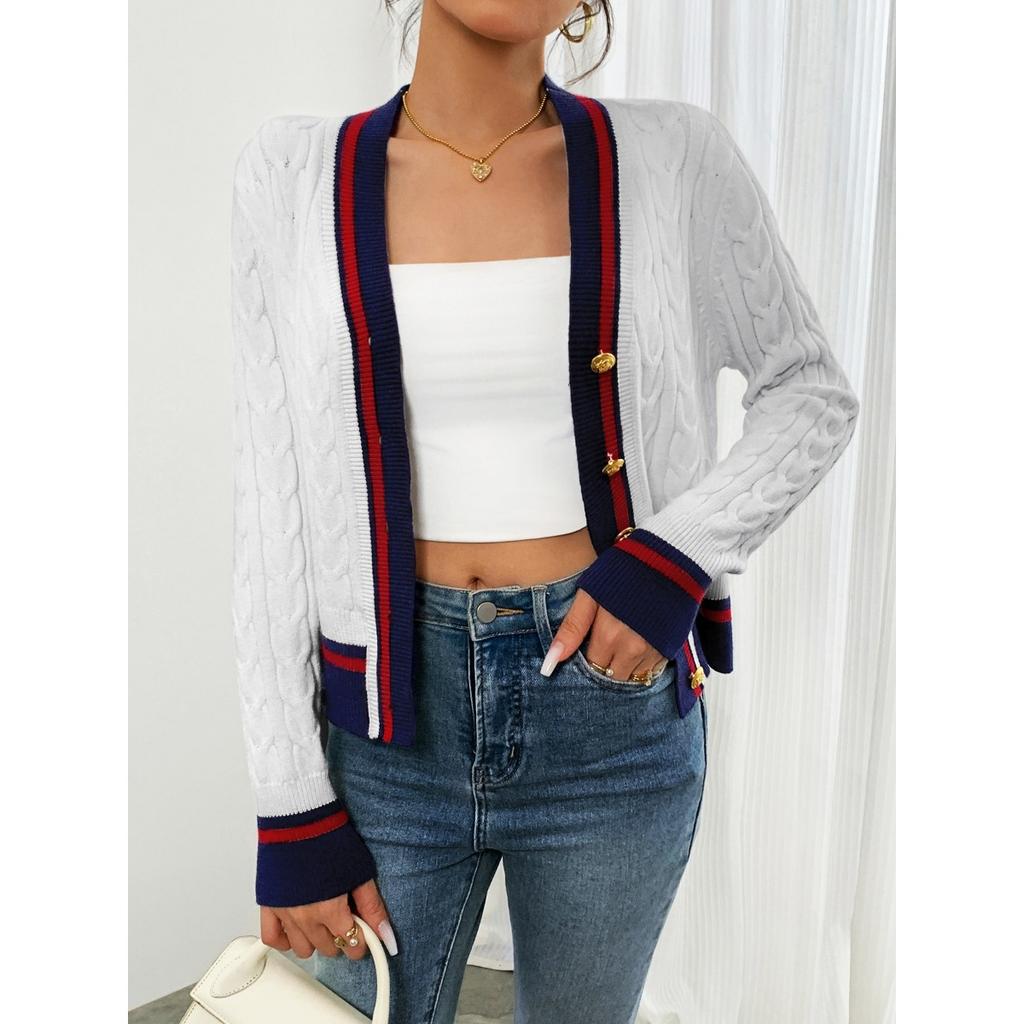 Women's Preppy Style Color Block Linen Blend V-neck Cardigan Sweater Coat For Spring Autumn