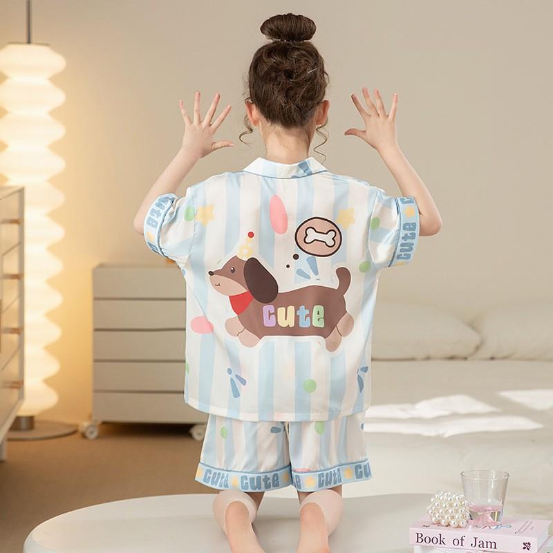 Girls Ice Silk Pajama Set Short Sleeve Cartoon Print Sleepwear Kids 8 Years