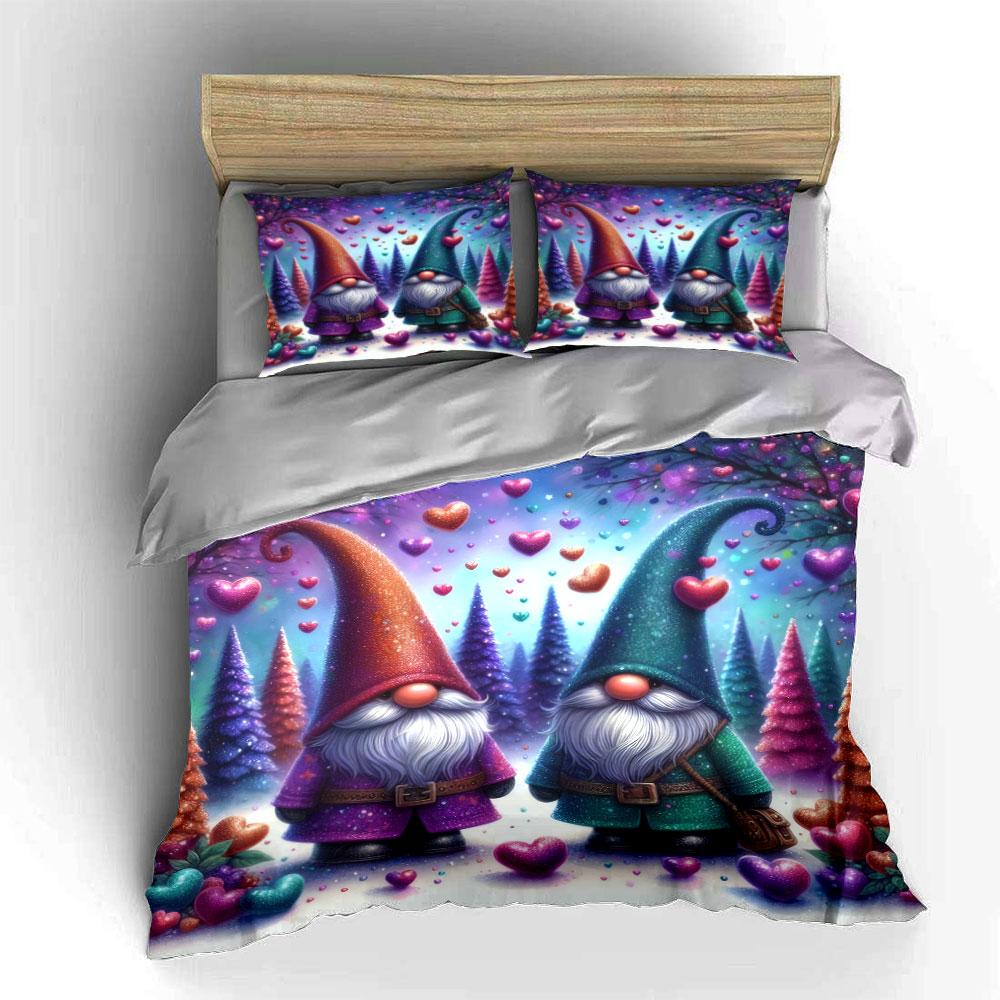 Gnome Couple with Glitter Hearts Bedding Duvet Cover Set (1*Duvet Cover 2*Pillowcases, without duvet insert)