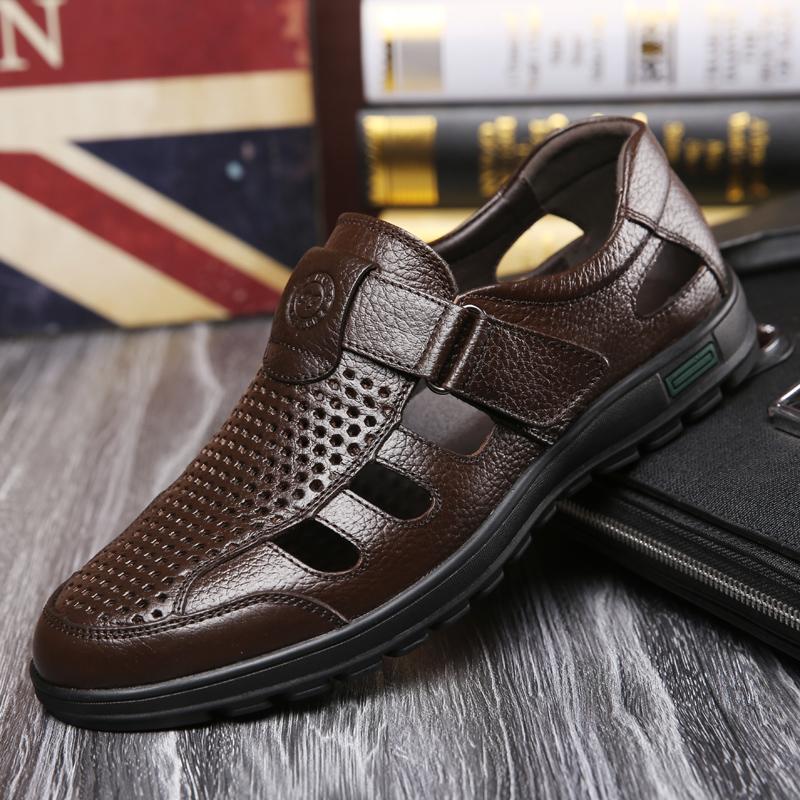 Breathable Cool Outdoors Non-slip Mature Men Genuine Leather Sandals Soft Sole Shoes Comfort Lightweight Large Size Roman Shoes