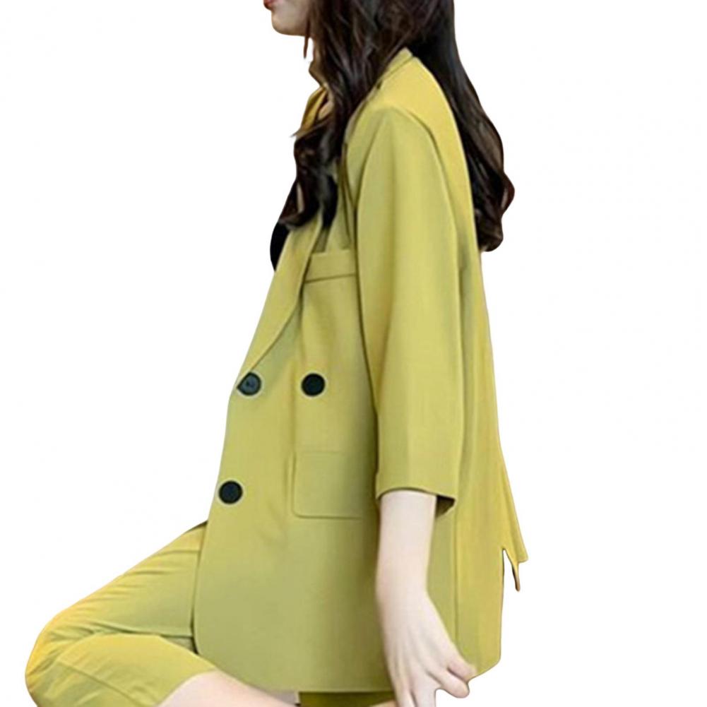 Women Suit Coat Lapel 3/4 Sleeve Double Breasted Suit Jacket Solid Color Loose Fit Flap Pockets Business Outwear