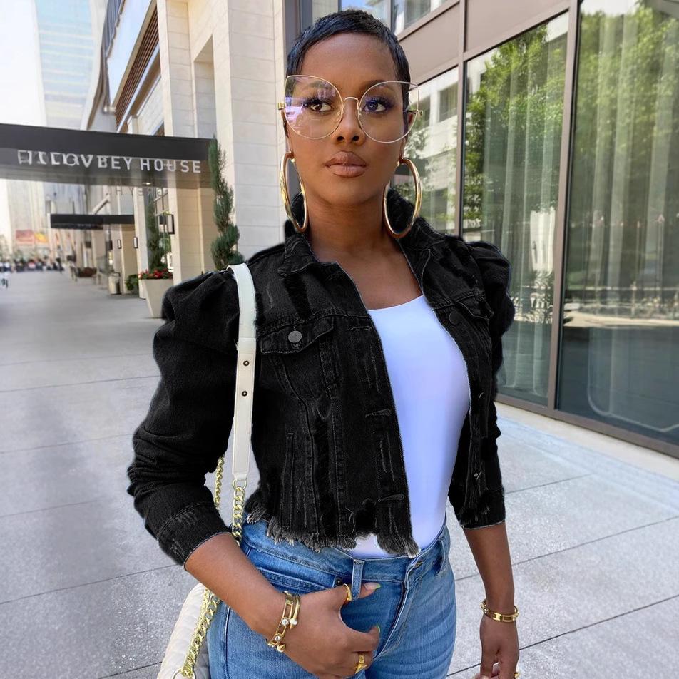 Damen Puffärmel Rissige Jeansjacke