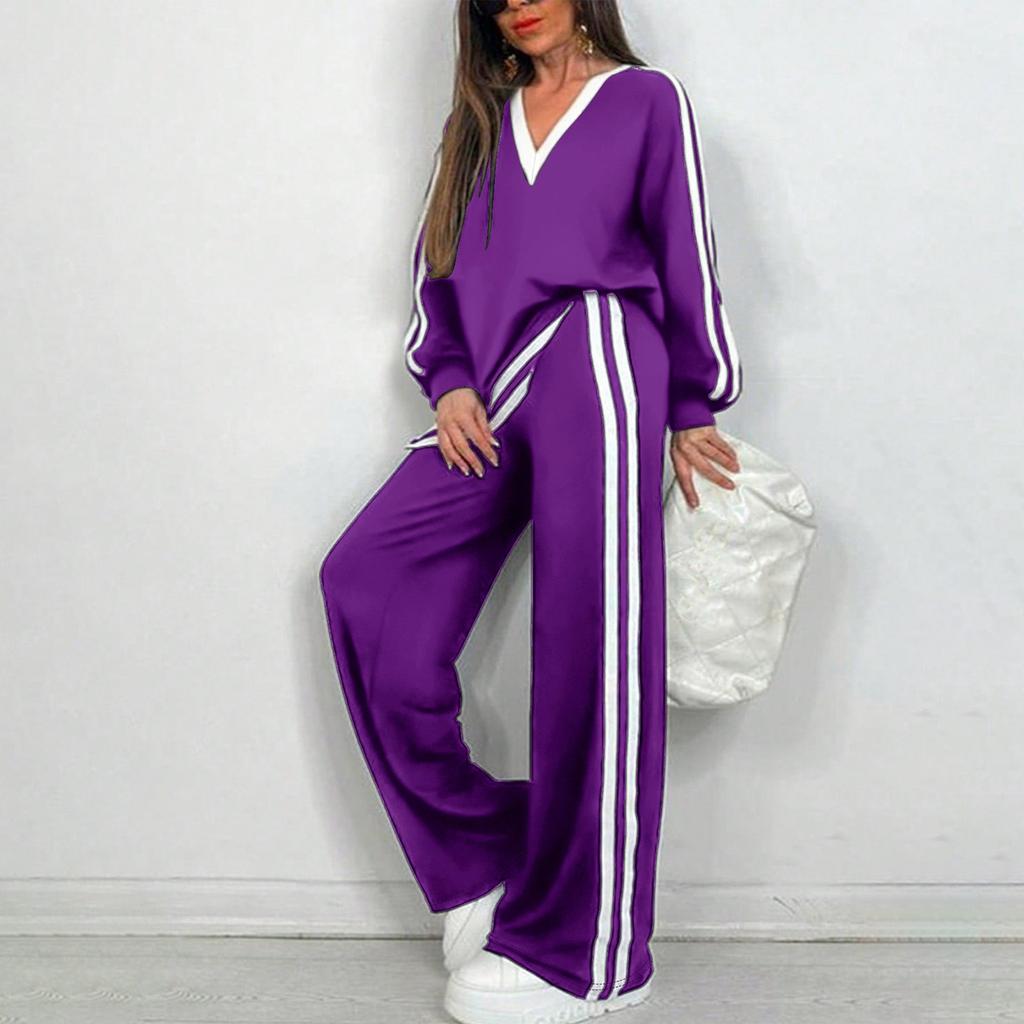 Women's Fashionable Casual V,neck Color Block Striped Long,Sleeved Top and Pants Set