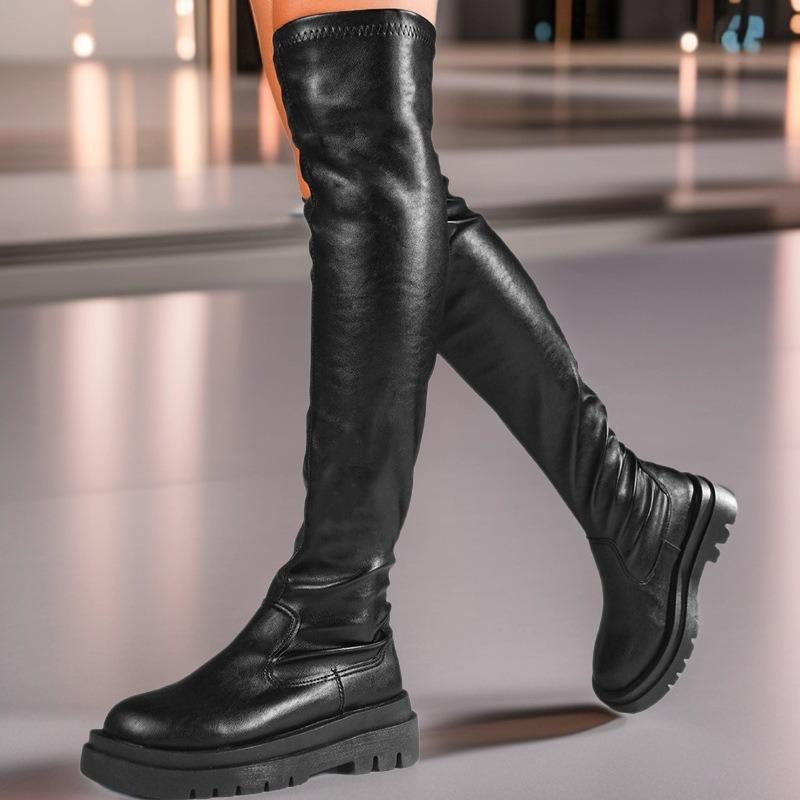 Plus-size Shoes, Knee-length Thick-soled Long Boots, Round-toe Slimming High-top Elastic Boots, Women's Shoes