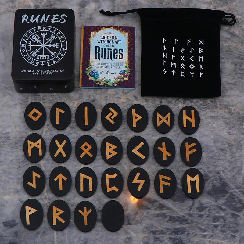 Witches Runes Set Altar Divination Tools with Manual and Storage Bag 25Pcs Wood Runes Altar Runes for Beginners Board Game