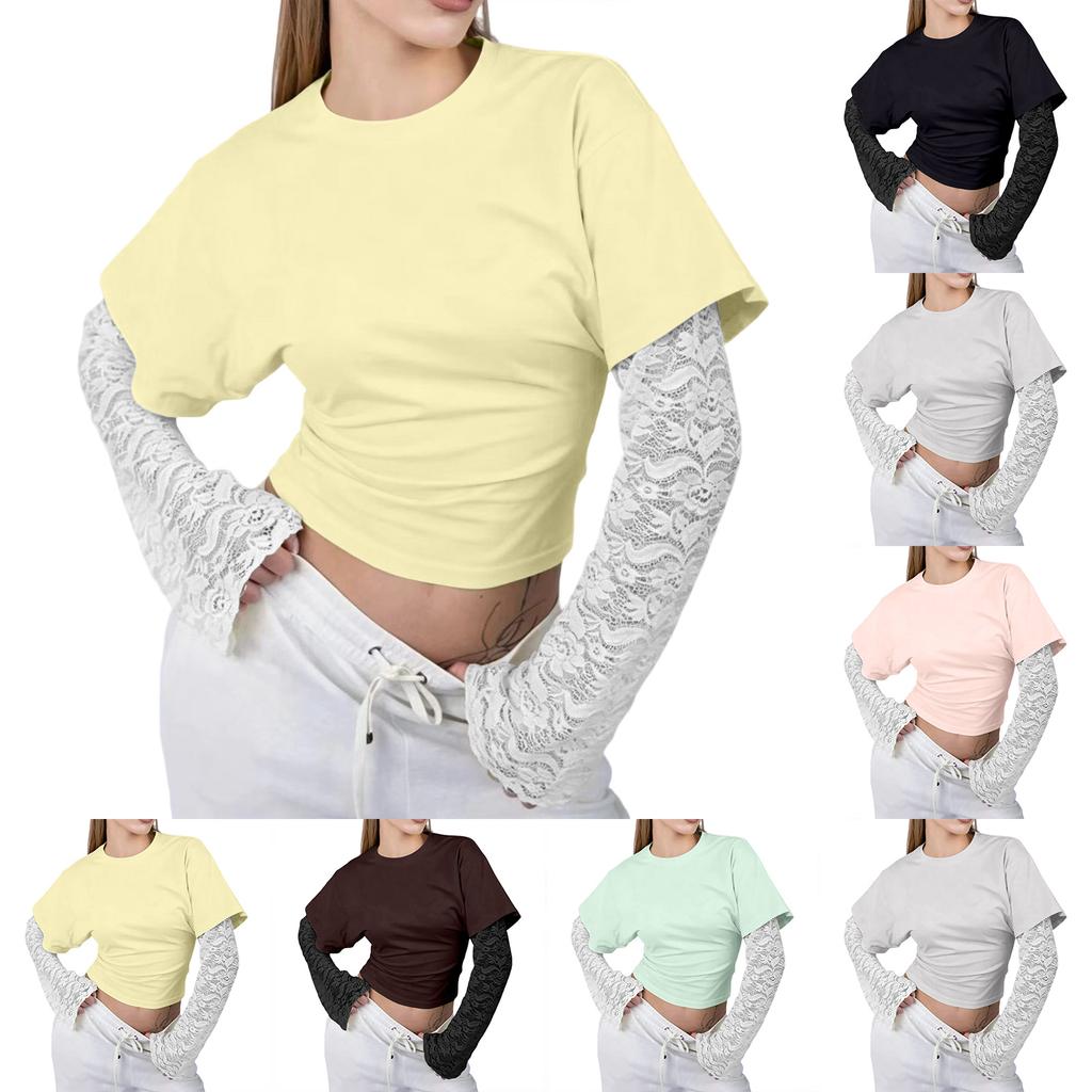 Women's Casual Round Neck Long Sleeve Lace Patchwork Pullover Top Color Blouse