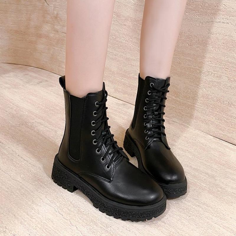 Medium tube black Martin boots new thick-soled leather women's boots versatile thin boots