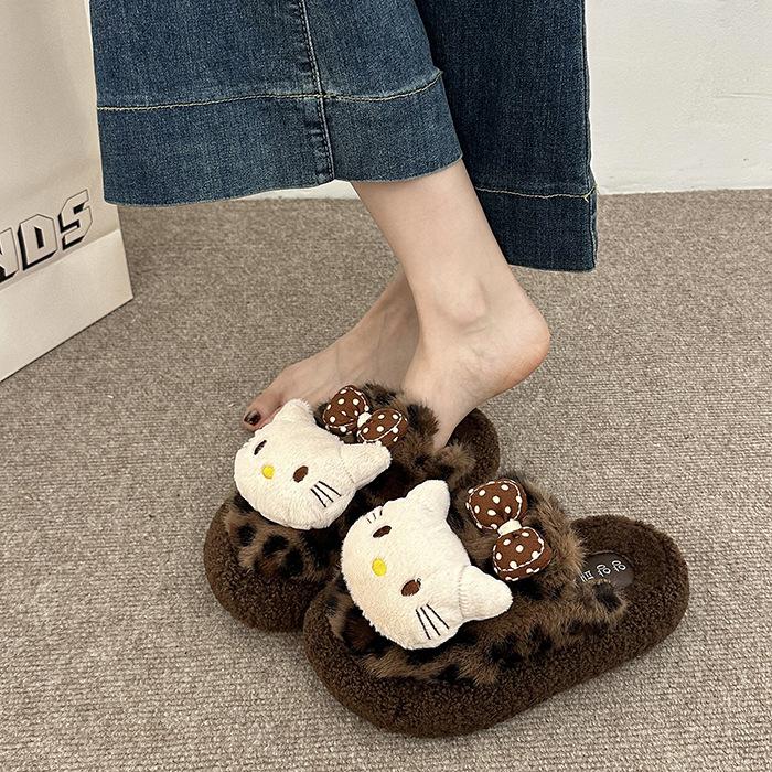 Fashion Sweet Girl Fluffy Slippers Women's Shoes 2025 Autumn and Winter New Outer Wear Casual Cotton Slippers