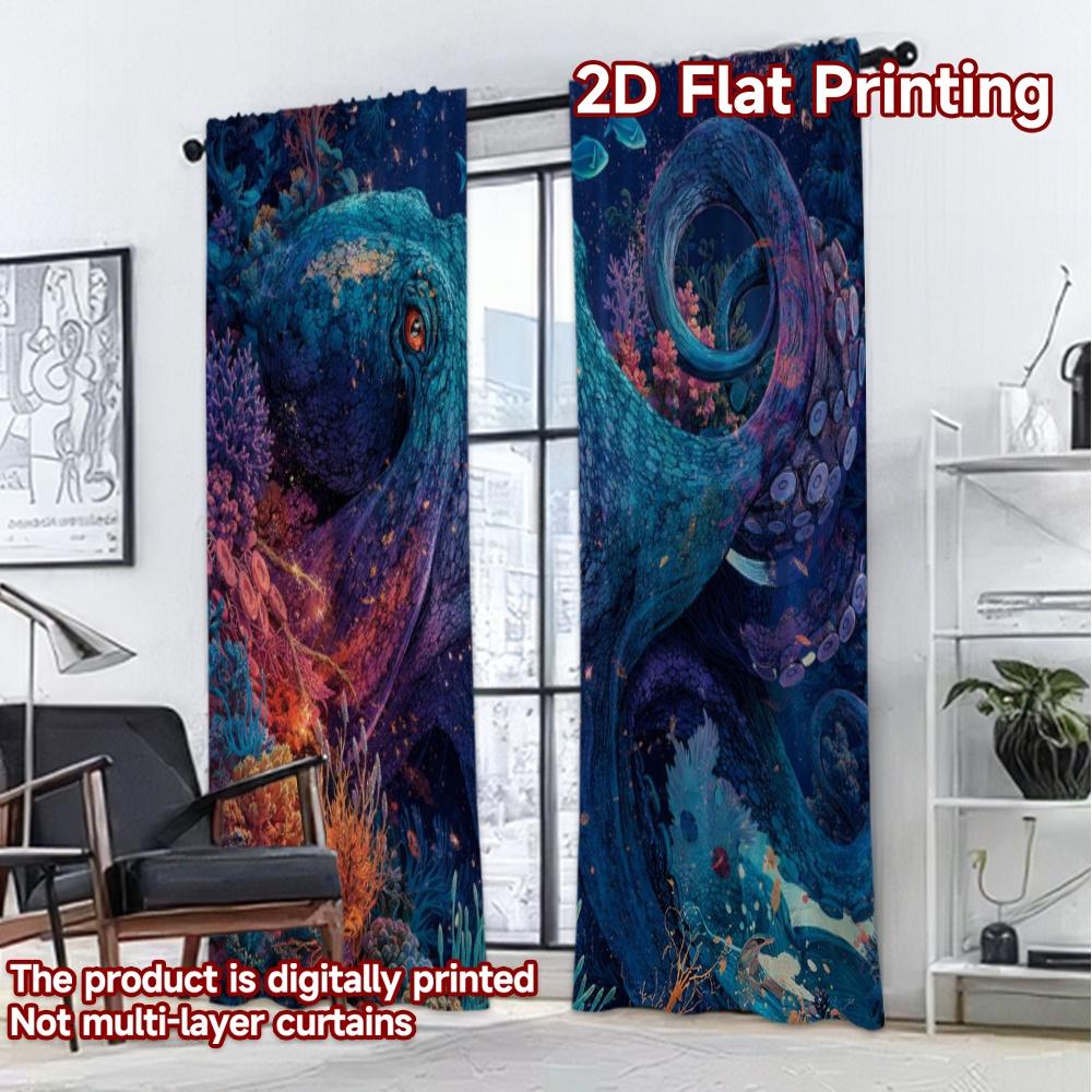 2D FLAT PRINTING 2pcs Curtains (Without Rod) Colorful Ocean Octopus Creative Popular Curtains Versatile 100% Polyester Curtains
