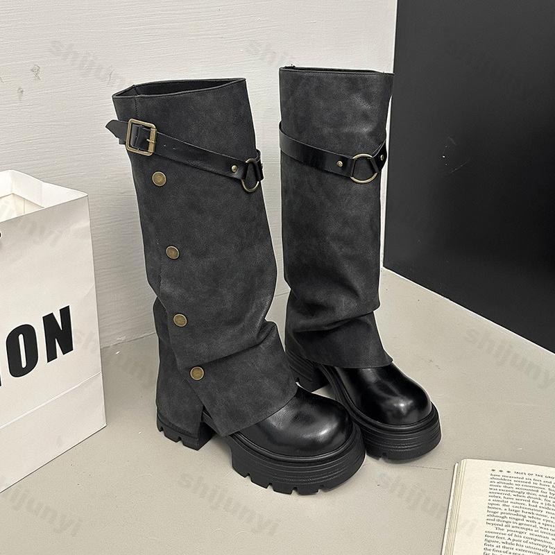 

Fashion Women s Comfortable Knee-high Boots 2025 Autumn Fashion Belt Buckle Long Boots Mid-Heel Round Toe Outdoor Platform Botas Mujer 35 чёрный