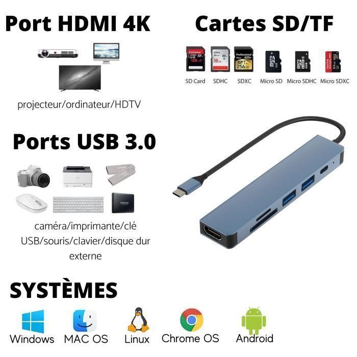 Adaptateur Hub USB-C 6en1 - Non spécifié - HDMI 4K - 2 ports USB 3.0 - Lecteur de cartes SD-TF - PD 100W