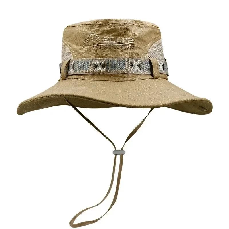 Cappello a secchiello da uomo con tesa larga, protezione UV, stile Panama in rete, cappello da sole per pesca all'aperto, escursionismo, campeggio