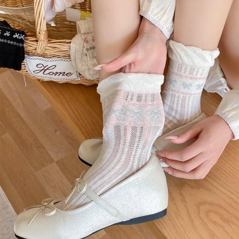 Retro Fair Isle Ruffle Bow Mid-Calf Socks for Women - Cute Lace Academy Style Slouch Socks