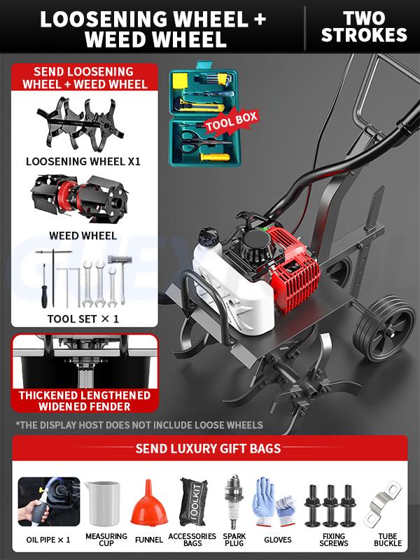 72CC Gasoline Tiller Cultivator 2 Stroke Mini Cultivator Rotovator for Farm Garden Yard Single-Cylinder Air Cooled 9000r/min