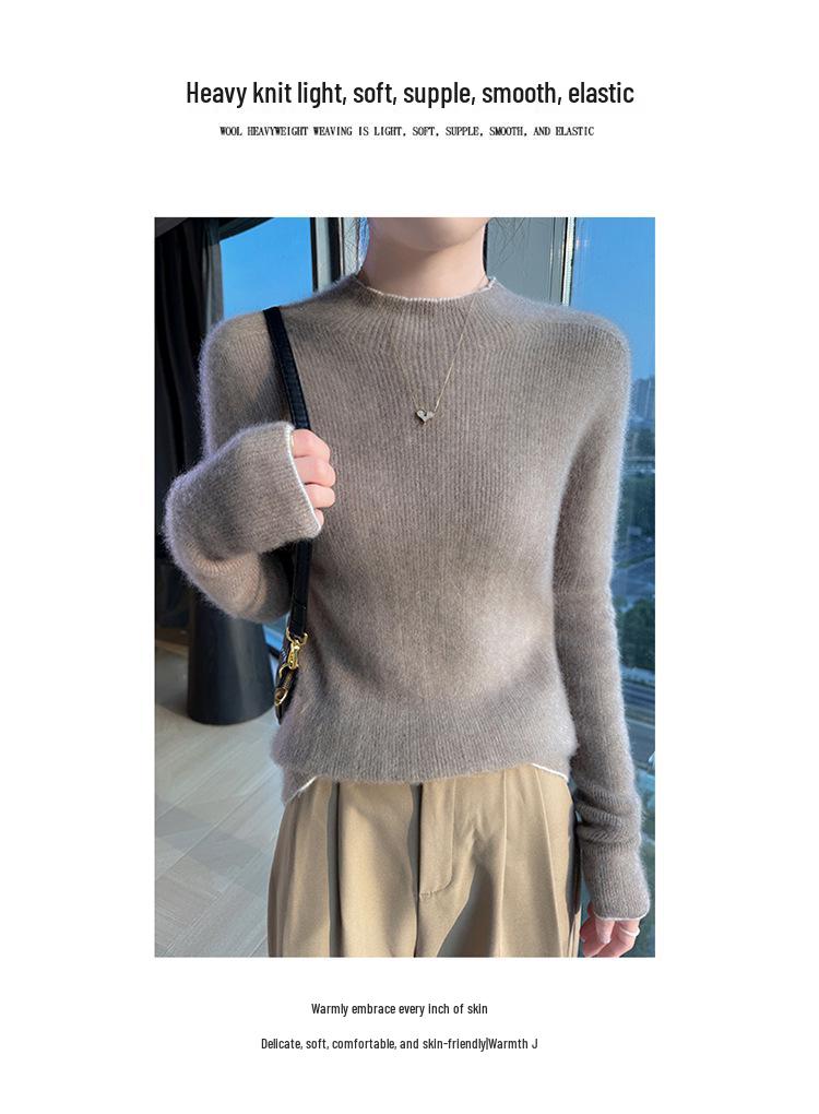 Women's Slimming Pure Wool Lace Half-High Collar Sweater - Ready-to-Wear Knit Pullover Base Layer