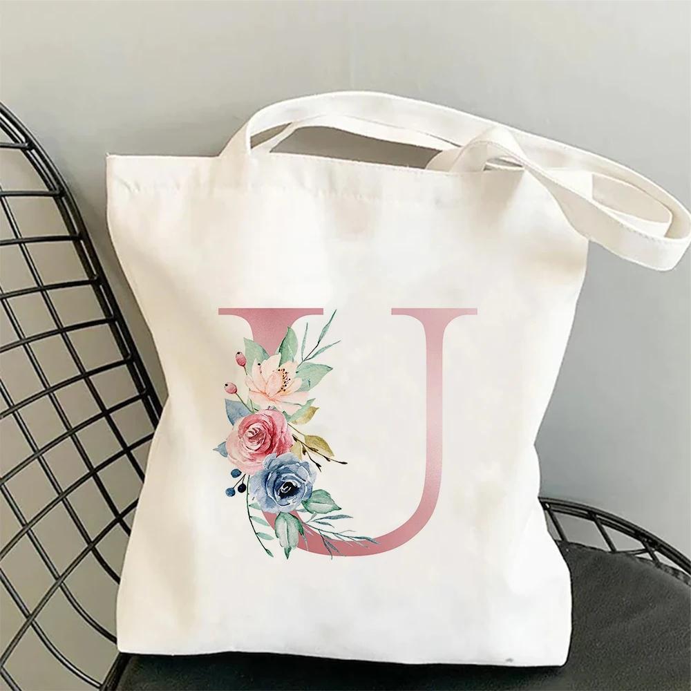 Blumen Alphabet A-Z Damen Einkaufs-Tragetaschen Canvas Große Kapazität Studenten Toilettenartikel Organizer Lässige Tragetasche Buchstaben-Taschen Geschenk