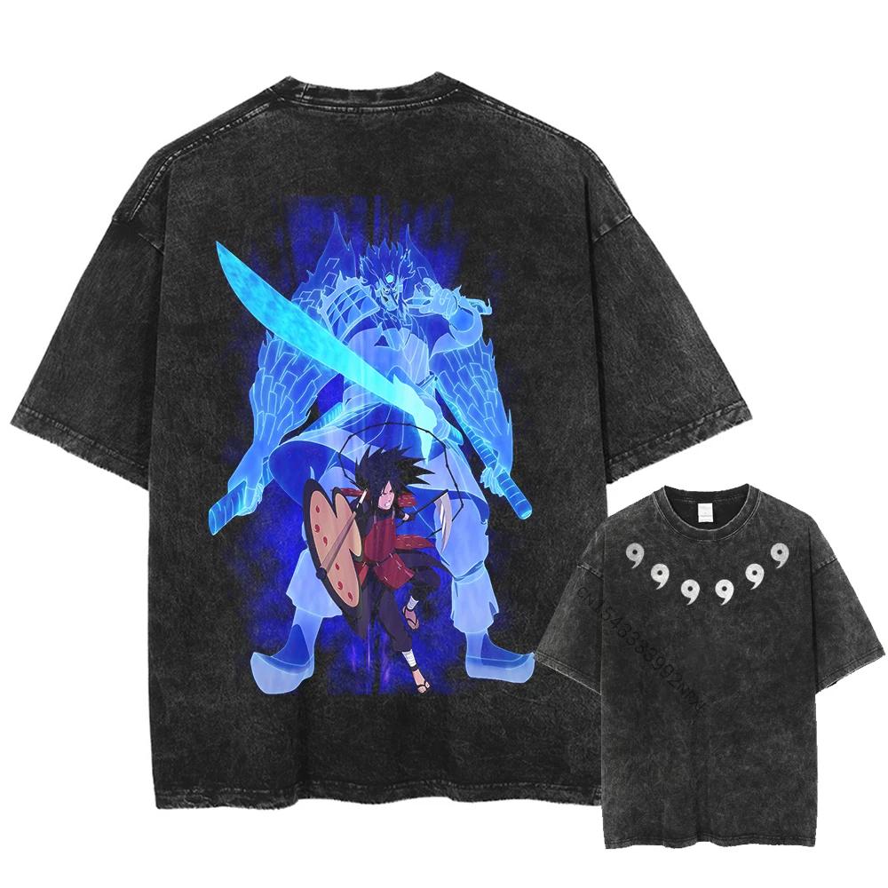Harajuku Streetwear Washed TShirt Japanese Anime Naruto Tshirt Double Sided Cotton Tees Tops Men Short Sleeve Vintage Tshirt