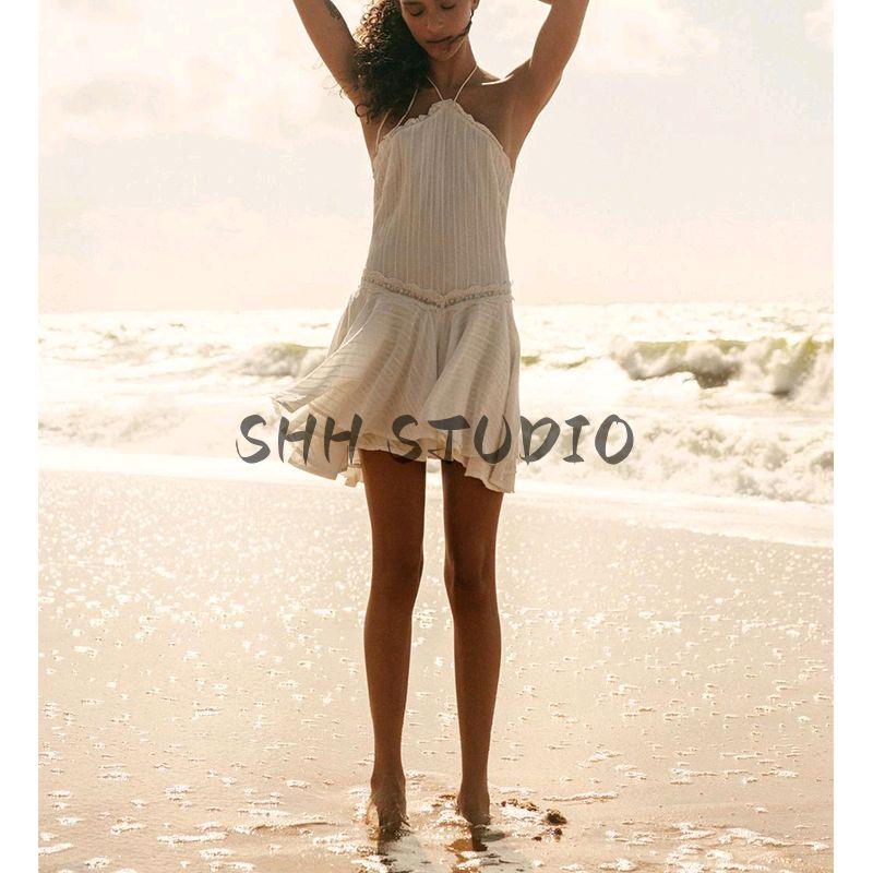 Summer New Women Clothes Holiday Style Straight Lace Laminated Decorative Neck Collar Short Dress 5107314