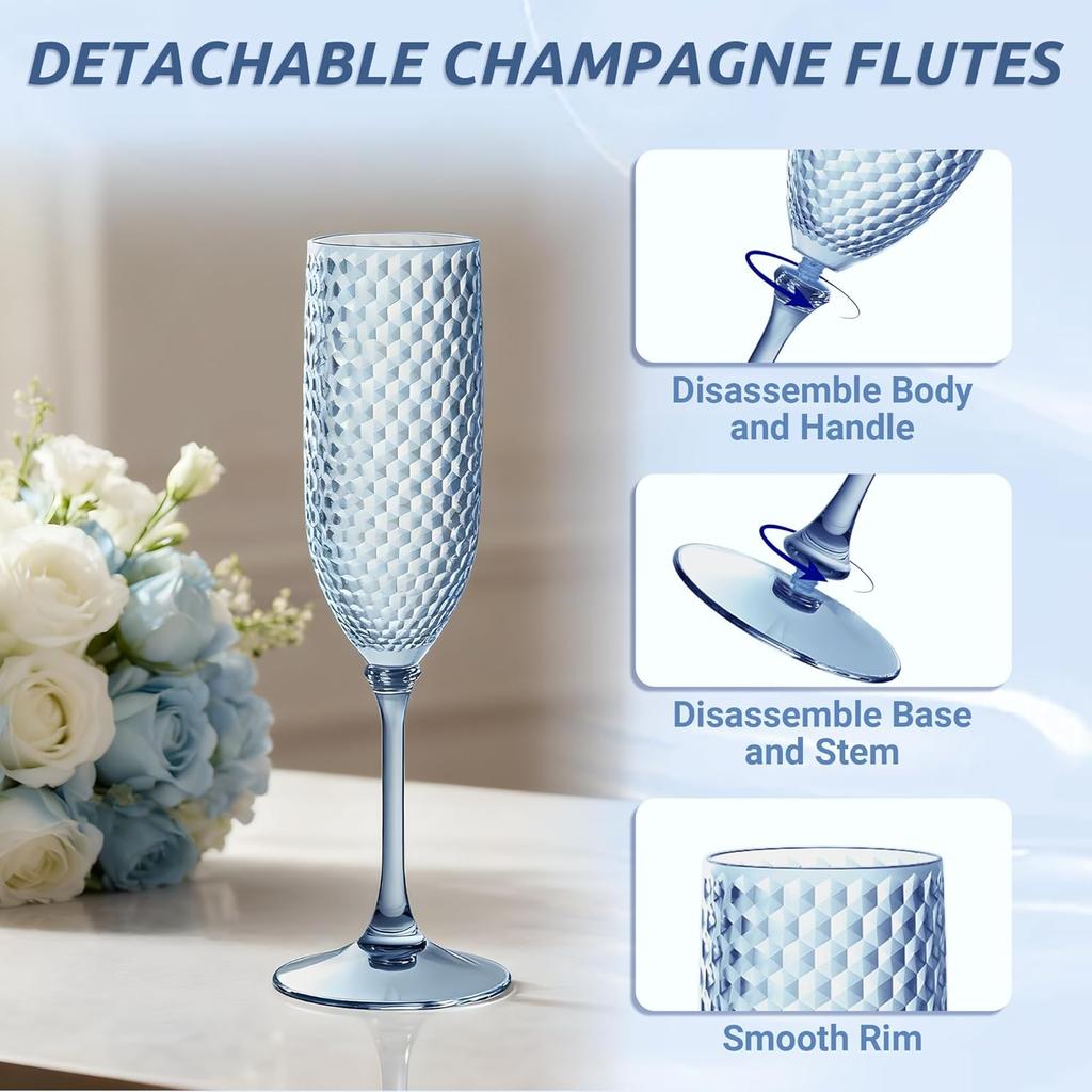 Blue Plastic Champagne Flutes 12 Pcs, 5.5oz Unbreakable BPA-free Stemware for Wedding Toasting & Parties