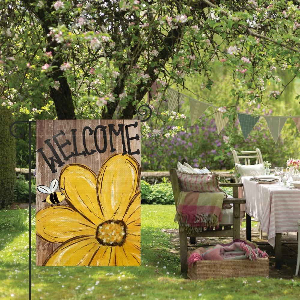 2pcs Bee Sunflower Spring Summer Garden Flag 12x18 Inch Double Sided Outside Welcome Wood Grain Yard Outdoor Flag